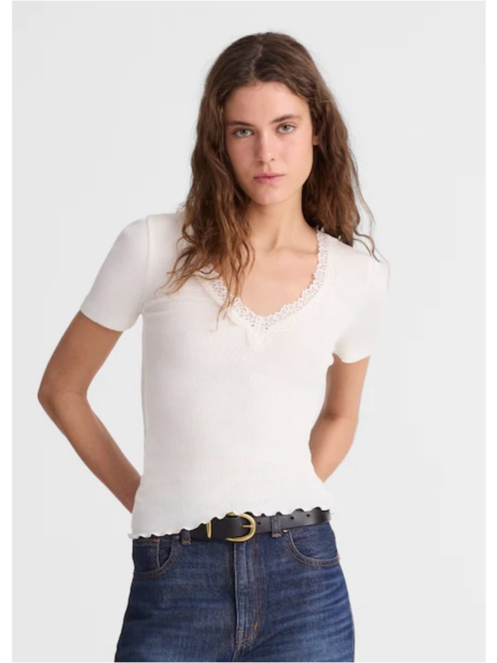 NWT Madewell Lace-Trim V-Neck Top Winter White